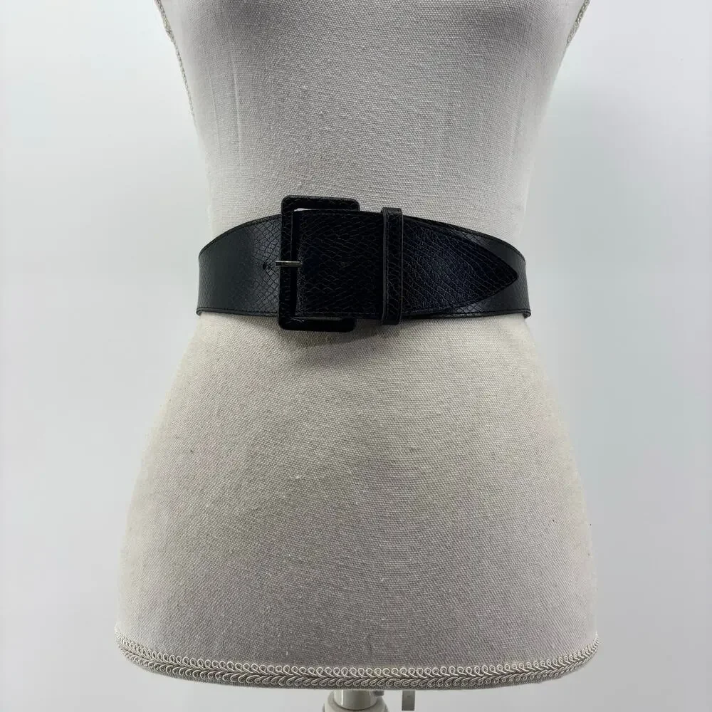 Vintage Women's Small Belt Black Faux Leather Snakeskin Texture Statement Buckle